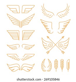 Vector set of linear icons - wings and design elements in mono line style