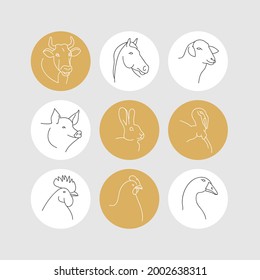 Vector set of linear illustration heads of farm animals isolated in white background.