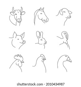 Vector set of linear illustration heads of farm animals isolated in white background