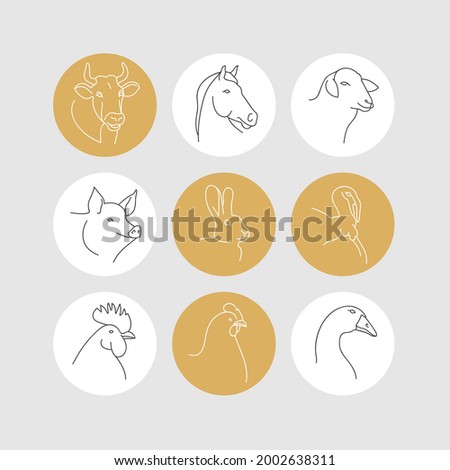 Vector set of linear illustration heads of farm animals isolated in white background.