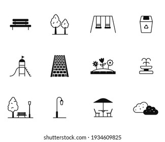 Vector set of linear isolated black-white icons on the theme of the improvement of the city park, playgrounds, local area. Design template for use on the site, in mobile applications.