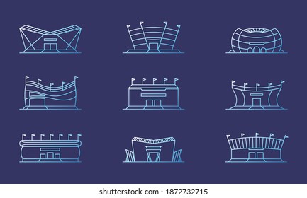 Vector set of linear isolated icons of arenas, stadiums. Minimalistic in a flat style with iridescent colors. Design of icons templates, icons, designations, applications.