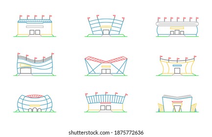 Vector set of linear isolated icons of arenas, stadiums. Minimalistic in a flat style. Design template for sites, applications, design.