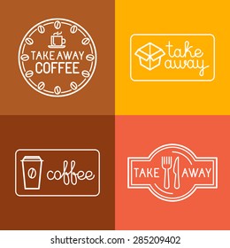 Vector set of linear labels and logo design elements for take away food and coffee to go - mono line icons and badges for cafes and catering