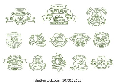 Vector set of linear labels for natural farm products. Organic and healthy food. Emblems with tractors, fields, fruits and agricultural buildings