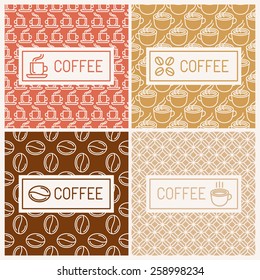 Vector set of linear labels and seamless patterns - design elements for coffee houses 