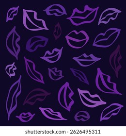 Vector set of linear lip doodles drawn by hand in pink, purple and lilac tones
