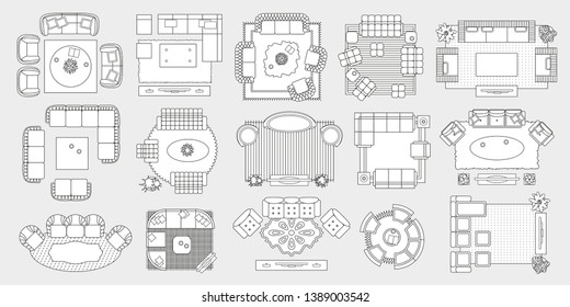 Vector set. Linear living rooms for floor plan. Top view.