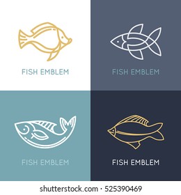 Vector set of linear logos and emblems -  fish and fishing - abstract design elements