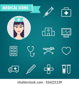Vector set of linear medical icons. Ambulance, hospital, doctor, disease, heart, etc