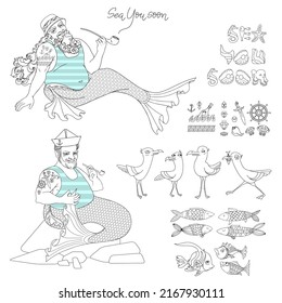 Vector set of Linear Mermaid, seagulls, fish, and marine symbols.
