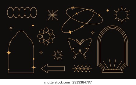 Vector set of linear minimalistic aesthetic frames, borders, geometric shapes with stars in boho and funky 2yk style. Rectangular, arch elements for social media, decoration, logo design template