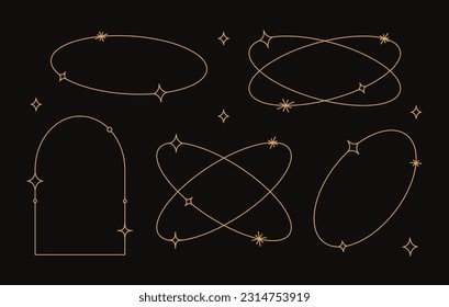 Vector set of linear minimalistic aesthetic frames and borders with stars. Round, oval and arch modern geometric shapes with sparkles for social media, decoration, logo design templates, layouts