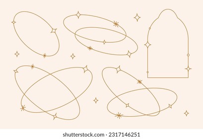 Vektorset von linearen minimalistischen ästhetischen Rahmen und grenzt an Sterne. Runde, ovale und bogenmoderne geometrische Formen mit Funkeln für soziale Medien, Dekorationen, Logodesign-Vorlagen, Layouts