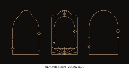 Vector set of linear minimalistic aesthetic frames and borders with stars. Rectangular, arch modern geometric shapes in art deco style with sparkles for social media, decoration, logo design template