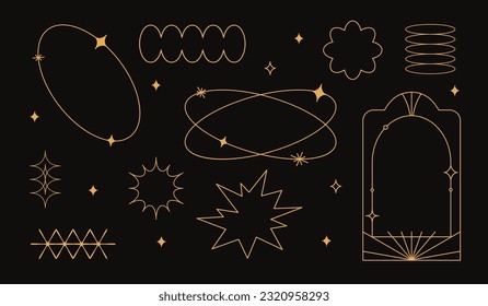 Vector set of linear minimalistic aesthetic frames, borders, geometric shapes with stars in boho and funky 2yk style. Rectangular, arch elements for social media, decoration, logo design template