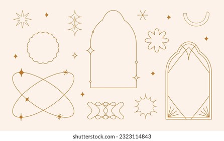 Vector set of linear minimalistic aesthetic frames, borders, geometric shapes with stars in boho and funky 2yk style. Rectangular, arch elements for social media, decoration, logo design template