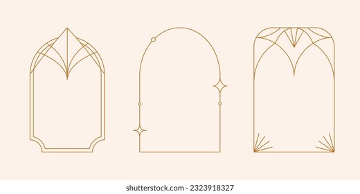 Vector set of linear minimalistic aesthetic frames and borders with stars. Rectangular, arch modern geometric shapes in art deco style with sparkles for social media, decoration, logo design template