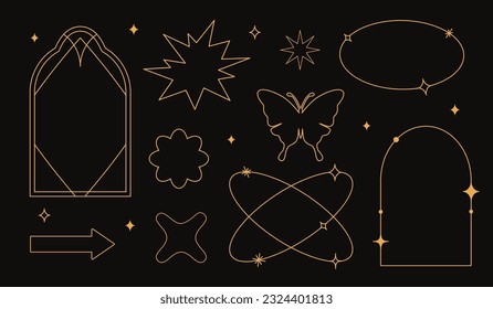 Vector set of linear minimalistic aesthetic frames, borders, geometric shapes with stars in boho and funky 2yk style. Rectangular, arch elements for social media, decoration, logo design template