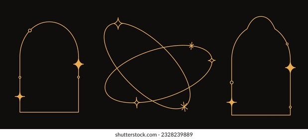 Vector set of linear minimalistic aesthetic frames and borders with stars. Round, oval and arch modern geometric shapes with sparkles for social media, decoration, logo design templates, layouts