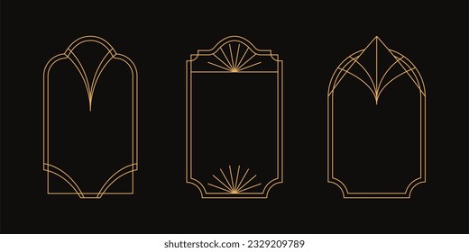 Conjunto vectorial de marcos estéticos minimalistas lineales y bordes con estrellas. Formas geométricas rectangulares y arquitectónicas modernas en estilo art deco con destellos para medios sociales, decoración, plantilla de diseño de logotipo