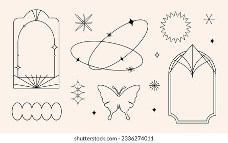 Vector set of linear minimalistic aesthetic frames, borders, geometric shapes with stars in boho and funky 2yk style. Rectangular, arch elements for social media, decoration, logo design template