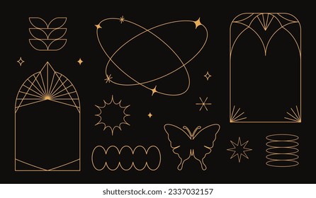 Vector set of linear minimalistic aesthetic frames, borders, geometric shapes with stars in boho and funky 2yk style. Rectangular, arch elements for social media, decoration, logo design template