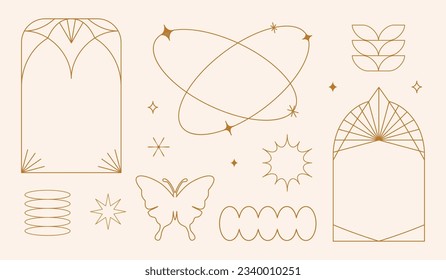 Vector set of linear minimalistic aesthetic frames, borders, geometric shapes with stars in boho and funky 2yk style. Rectangular, arch elements for social media, decoration, logo design template