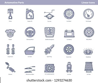Vector set of linear modern icons composed on white background and showing different auto parts and components. Black outline and purple filled forms. Illustrations for a car service or auto repair