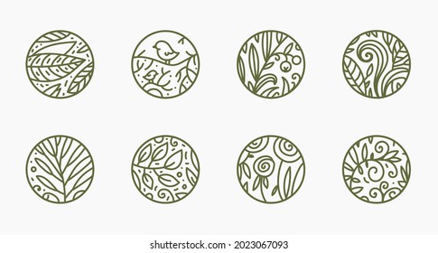 Vector set of linear nature logos. Abstract badges, eco products, cosmetics, ecology concepts, health, spa, yoga, social net highlights. Leaves, flowers, birds, swirls illustrations