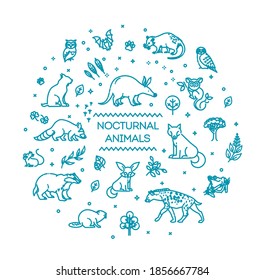 Vector. Conjunto de vectores lineales de animales nocturnos