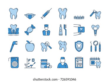 Vector set of linear outline icons. Dental care isolated pictographs. Teeth, tools, treatment, professional health care and orthodontics, implants in dark and light blue colors