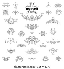 Vector set of linear page decorations and dividers. Hand-drawn calligraphic flourishes and ornamental design elements. Isolated on white background. 