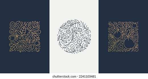 Vector set of linear plant logos. Circle luxury organic emblem. Abstract badges for natural products, flower shop, cosmetics, ecology concepts, health, spa, yoga center. Line leaves and florals icons