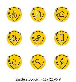 Vector set of linear safety protection icons. Isolated shield icon on a white background.