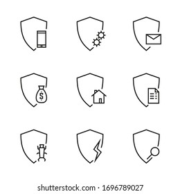 Vector set of linear safety protection icons. Isolated shield icon on a white background.