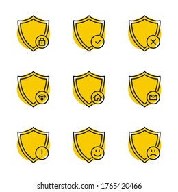 Vector set of linear safety protection icons. Isolated shield icon on a white background.