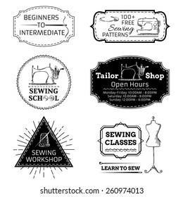 Vector set of linear sewing and fashion design elements isolated on white background. Retro badges, labels, logo templates and frames.