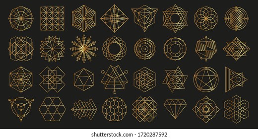 Vector set of linear shapes. Collection of golden geometric shapes on a dark background. Vector set of abstract geometric logos. Art deco, hipster, golden line style.