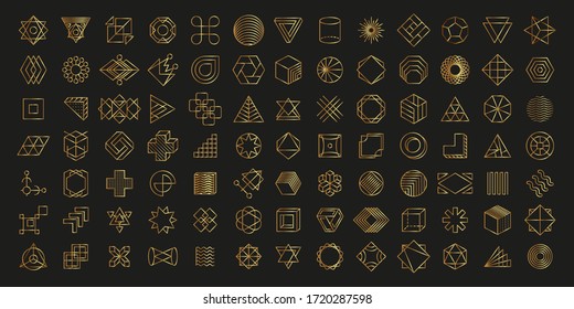 Vector set of linear shapes. Collection of golden geometric shapes on a dark background. Vector set of abstract geometric logos. Art deco, hipster, golden line style.