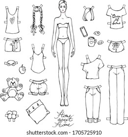 Vector set of linear sketches for coloring . Paper doll , girl and collection of home clothes and accessories: t-shirts, pants, pajama,cup of tea,teddy bear, mobile phone. Educational toy for girls.