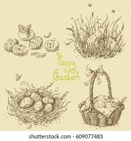 Vector set with linear sketches. Easter basket with eggs, easter eggs hidden in the grass, easter nest.Hand drawn vintage vector illustration with on the textured paper background.Image in retro style