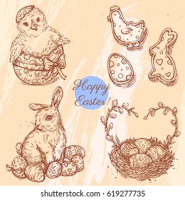 Vector set with linear sketches. Easter bunny with egg, nest, easter chick, cookies. Hand drawn vintage vector illustration on the textured paper background.