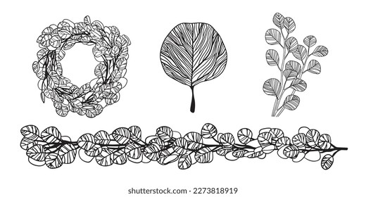 Conjunto vectorial de esbozos lineales de ramas con hojas para el diseño de tarjetas de boda y cartas de escritura, invitaciones. Líneas finas, ilustración en blanco y negro. Aislado sobre un fondo blanco.