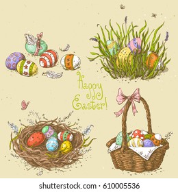 Vector set with linear sketches.Easter basket with eggs, easter eggs hidden in the grass, easter nest.Hand drawn vintage vector illustration with on the textured paper background. Image in retro style