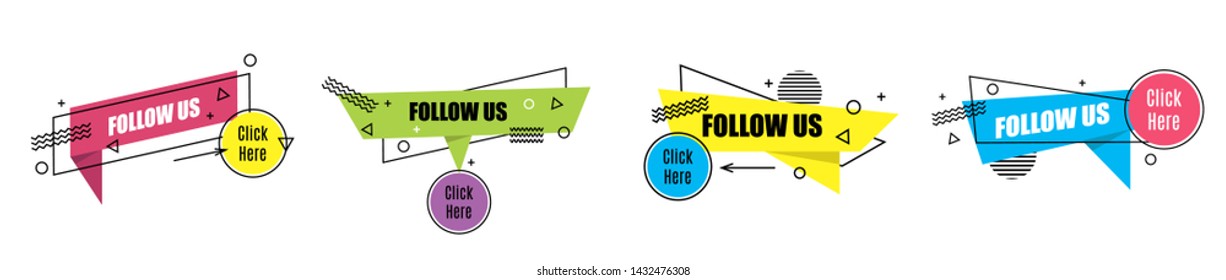 Vector set linear social media tag. Follow us. Isolated object on white background memphis style