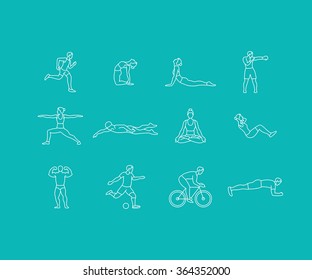 Vector set of linear sport icons and illustrations in trendy mono line style - people exercising - man and woman concepts - running, boxing, doing yoga, swimming