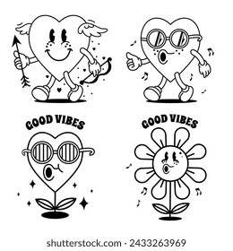 Vector set with linear stickers cartoon hearts and daisy in groovy style. Page for coloring books