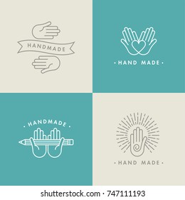 Vector set in linear symbol, hand made labels and badges or icon. Logotype with heart and hands. Hands holding a pencil