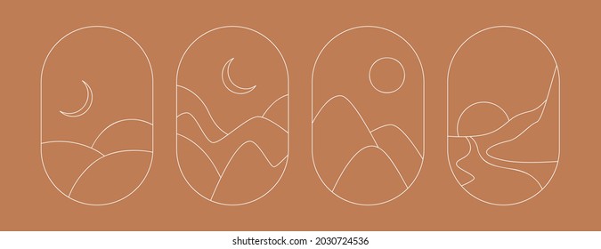 Vector set of linear symbols and icons-logo design with abstract landscapes. Modern emblems for social networks. Vacation badge and emblem for holiday rentals, travel services and beauty studios